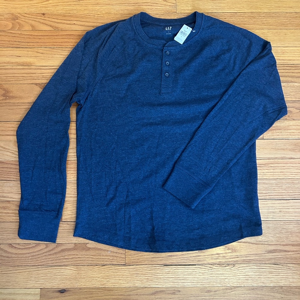 NEW GAP Men's Henley Navy Blue Heather Long Sleeve Tee Size Large